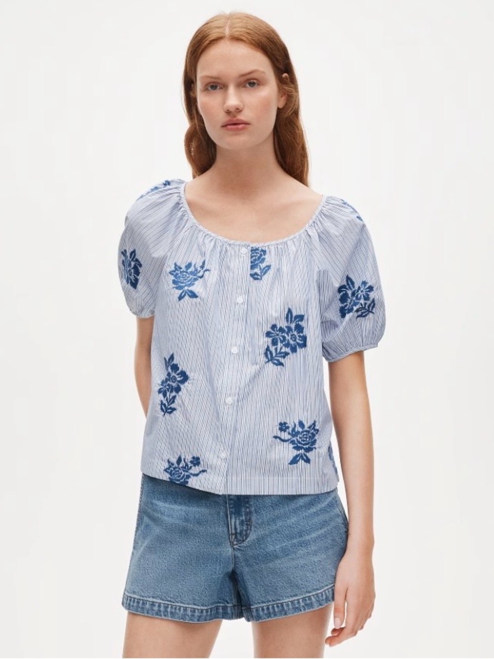 J. Crew Puff Sleeve Button Up Top in Embroidered Floral Stripe Size S. NWT